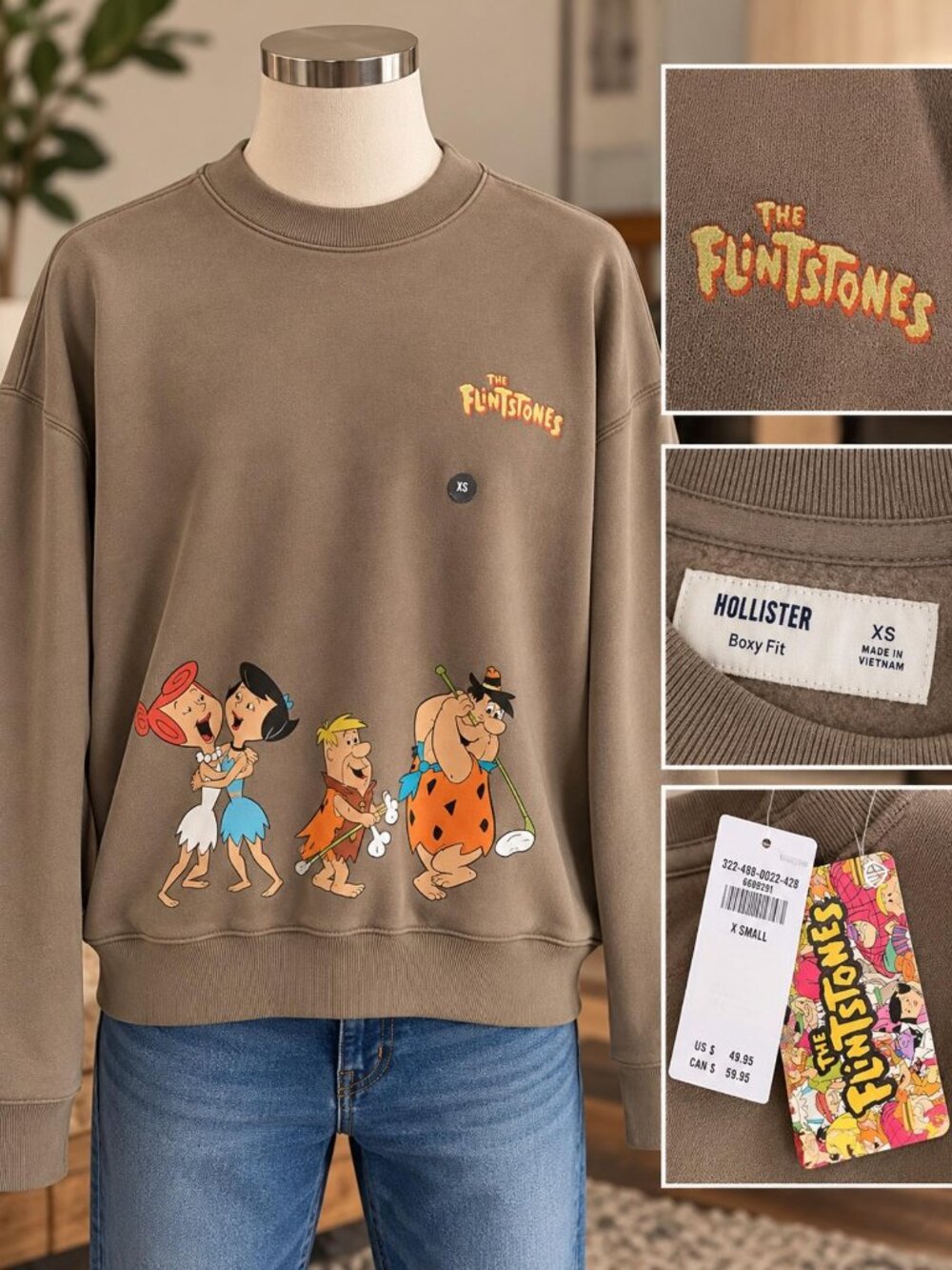 Hollister Flintstones Crewneck Sweatshirt XS NWT Boxy Fit Graphic Taupe